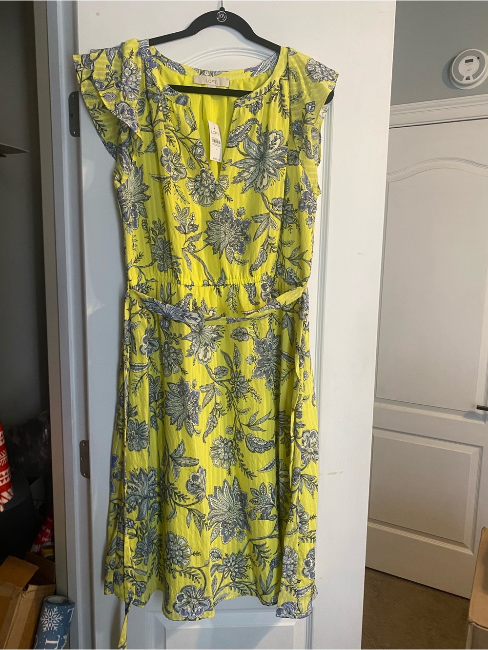 LOFT Yellow Floral Tie-Waist Midi Dress with Blue Botanical Print